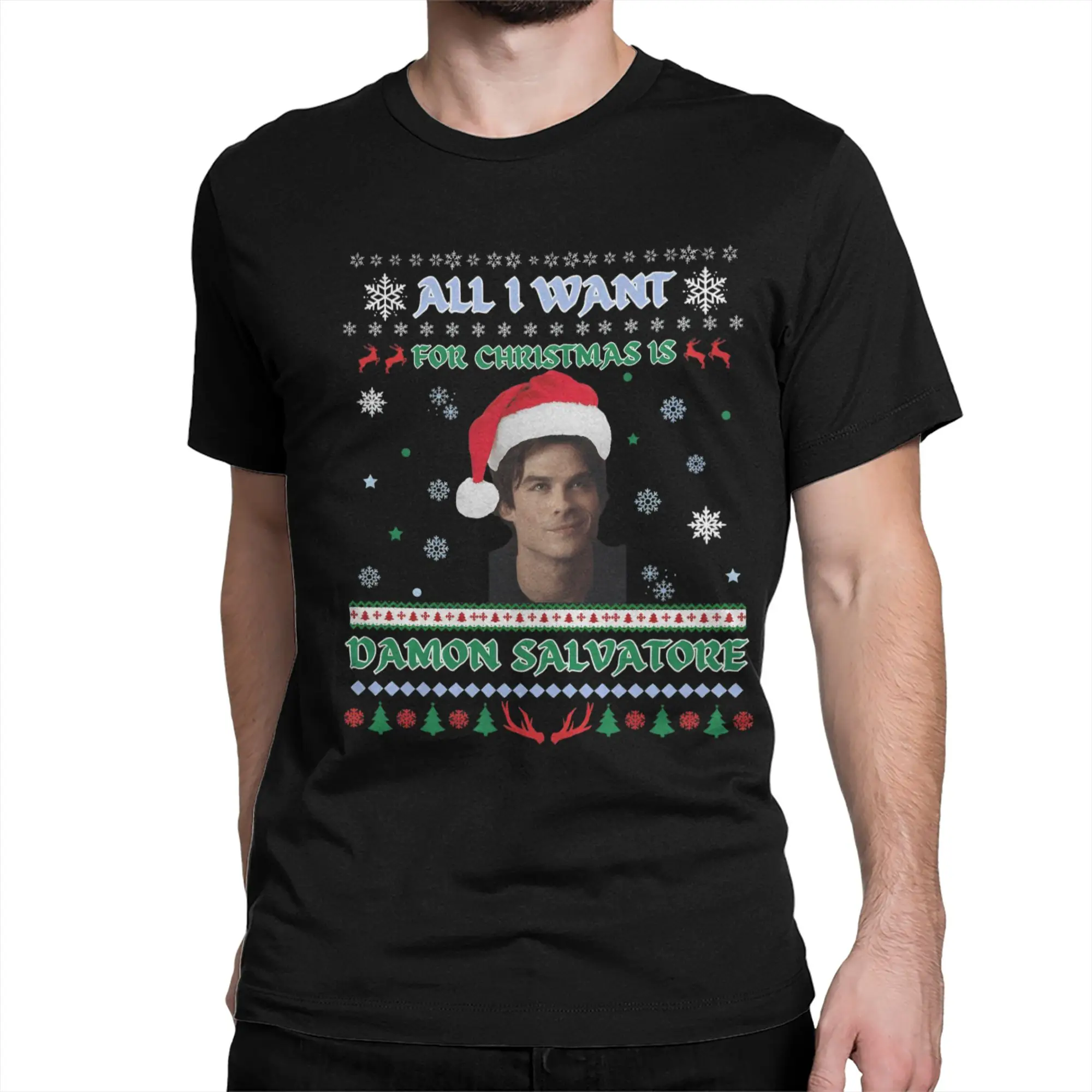 Men Women All I Want For Christmas Is Damon Salvatore T Shirt Vampire Diaries Xmas Pure Cotton Crewneck Tee Shirt Summer T-Shirt