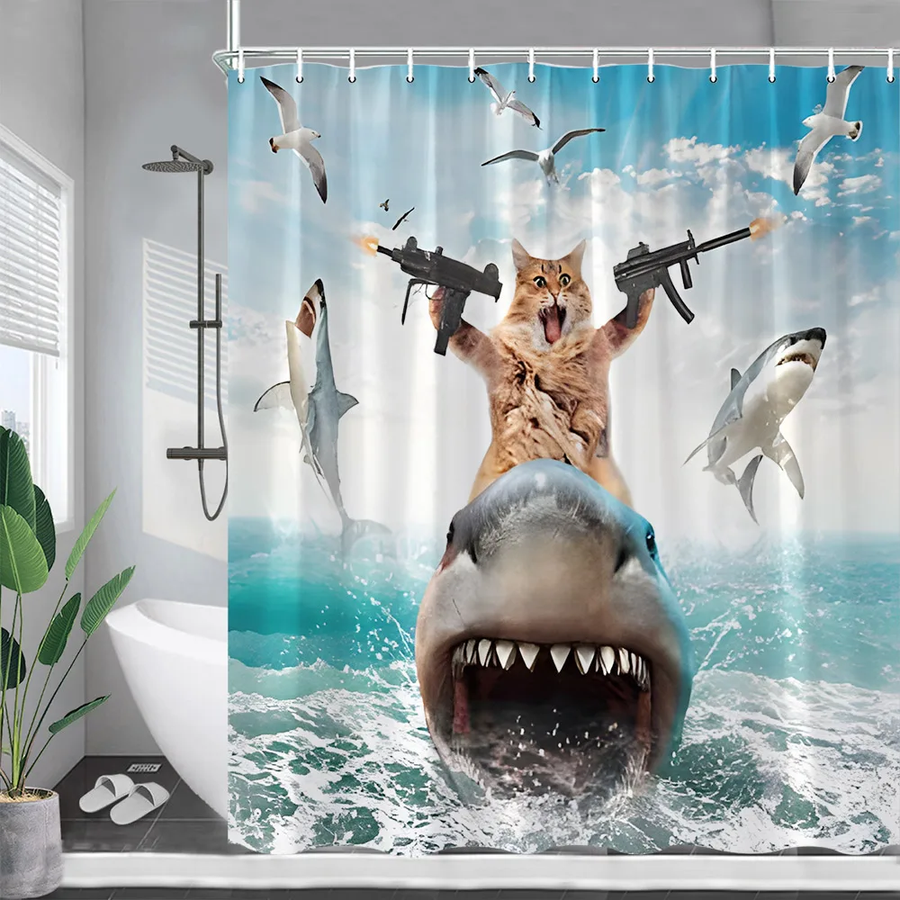 Funny Cat Riding Shark Shower Curtains Sea Waves Cute Animals Creative Children Bath Curtain Polyester Bathroom Decor with Hooks