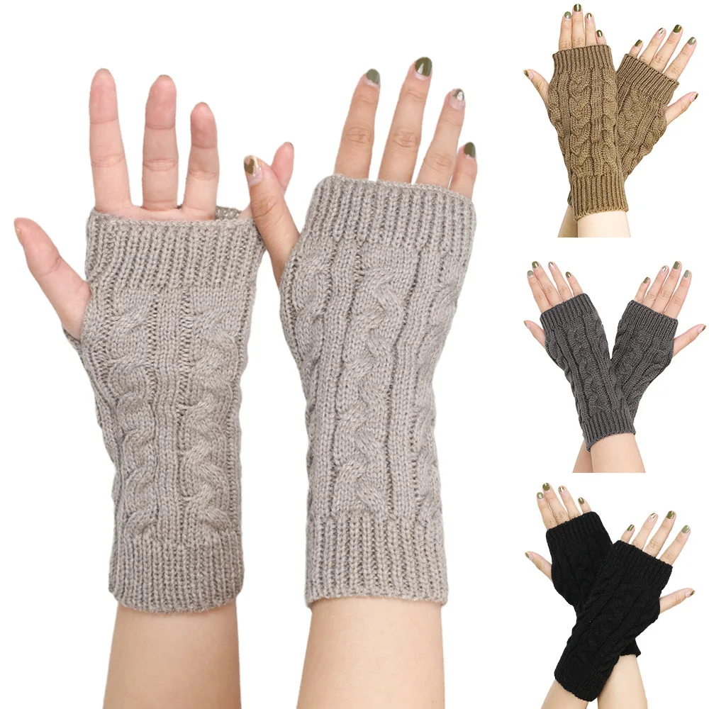Guantes de invierno para mujer, calentadores de brazo tejidos de medio dedo, mangas cubiertas, mitones sin dedos, guantes suaves sólidos, puños giratorios de lana