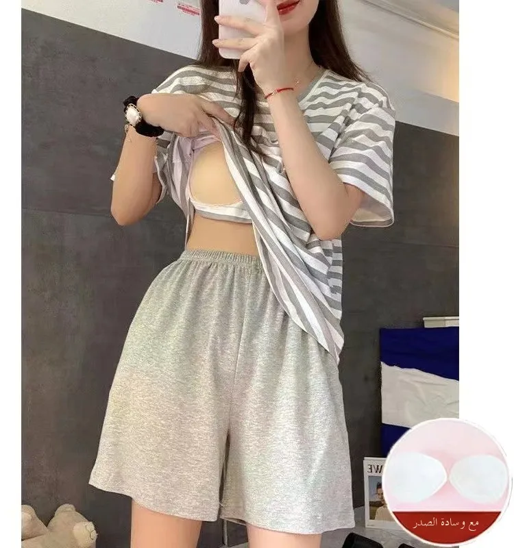

Women's Summer Spwear ort Sve Thin Striped Home Clothes Two-Piece Set with Chest Pad Milk Silk round Ne Pullover