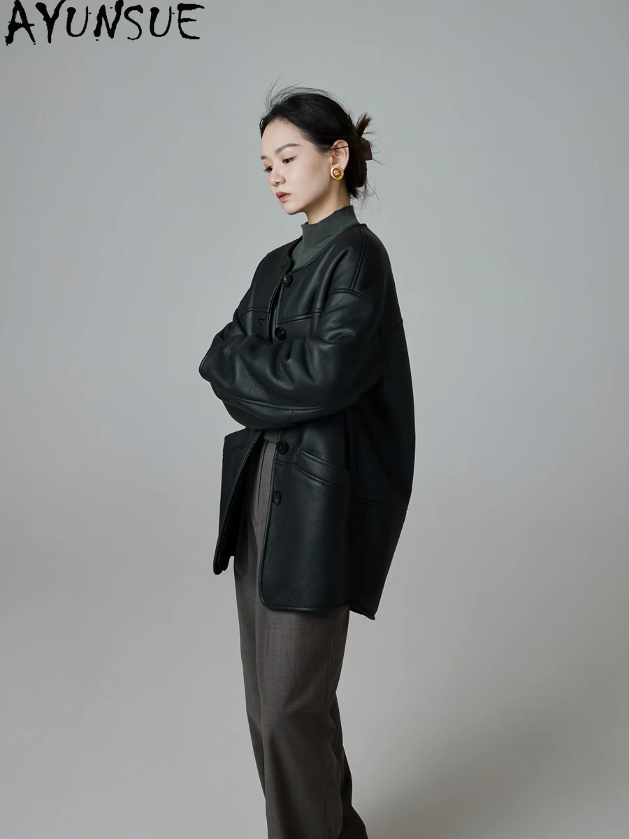 AYUNSUE Echte Schapenvacht Bontjas Vrouwen Echt Leren Jas Middellange Winterjassen 2025, Luxe Kleding Vrouwelijke omegaба Ж Diego