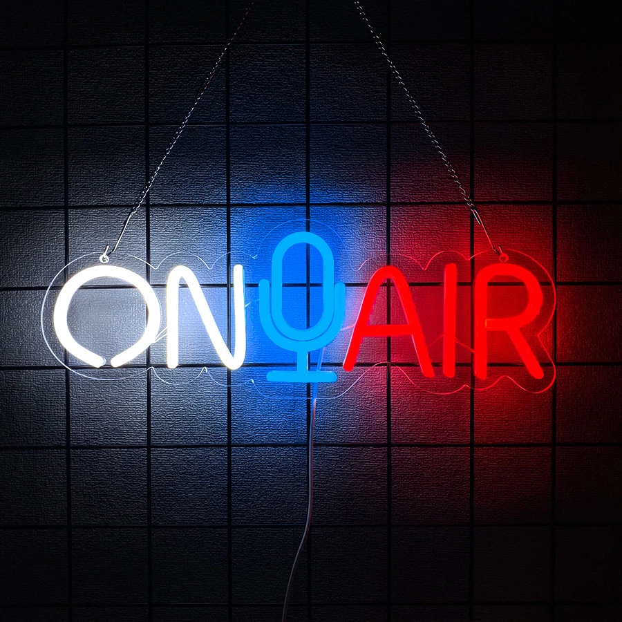 On Air Neon Sign USB Powered Acrylic LED Neon Light, Microphone Wall Decor for Podcast Studio Radio Broadcasting Room，Gift，USB