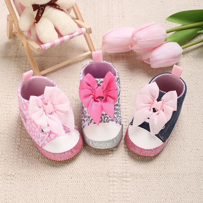 0-18M Baby Girl Princess Canvas Sneakers Leopard Print Large Bow Ornament Glitter Toe Non Slip Sole Infant Crib Shoes