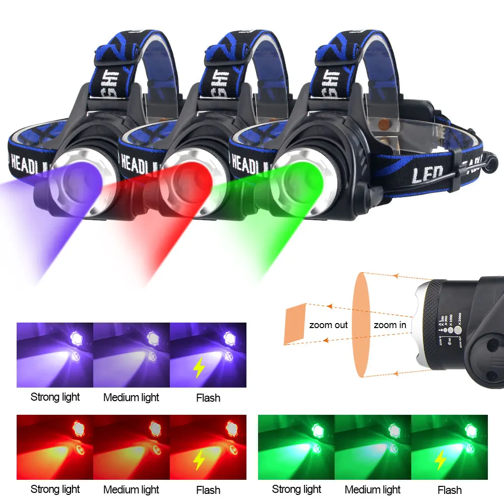 Outdoor tactical red/green/purple headlight 3 gear zoom LED headlight hunting fishing headlight