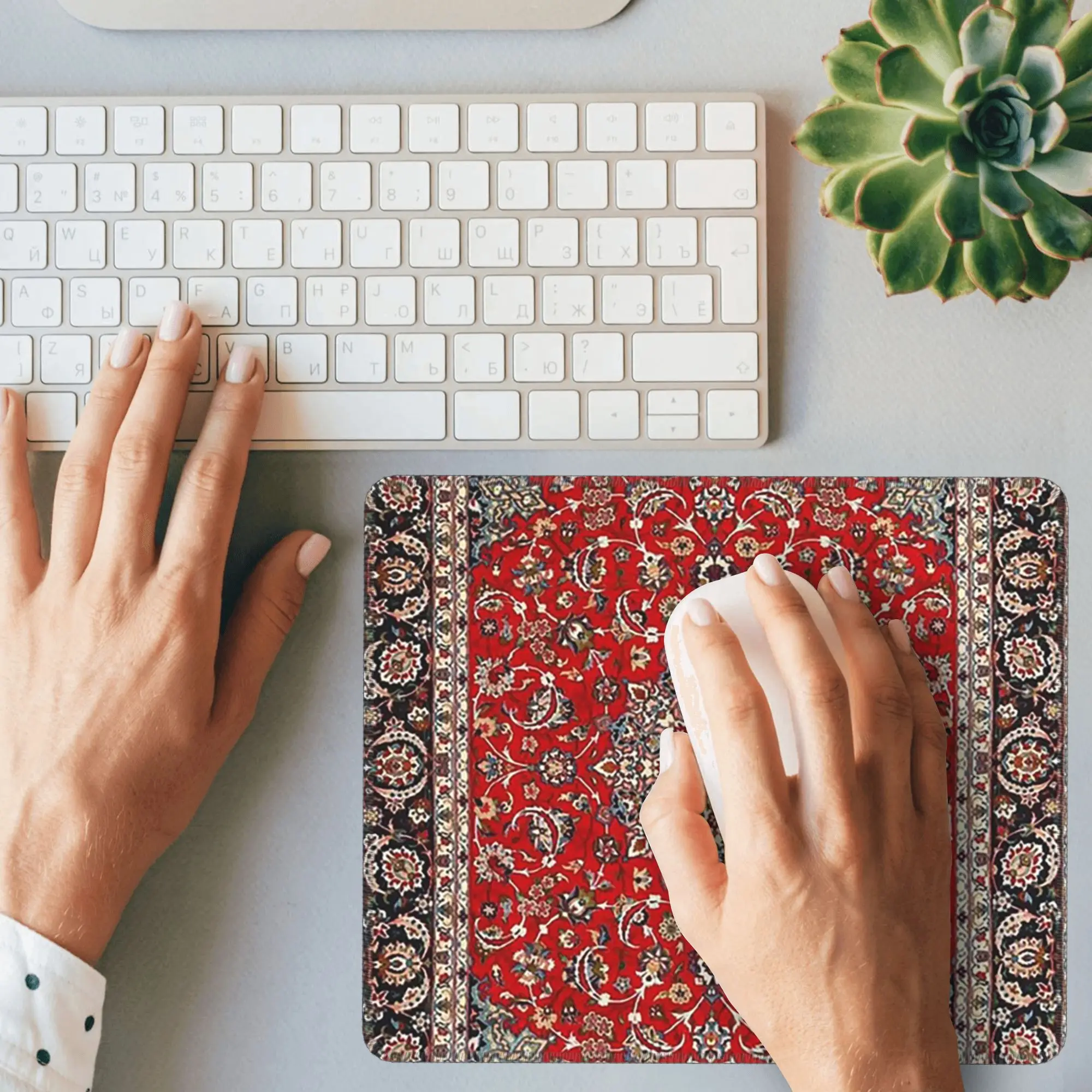 上質なシルク＆ウール イスファーン ペルシャ絨毯柄 マウスパッド コンピューター キーボード マウス マット ゲーミングPC ノートパソコン デスクマット テーブルマット