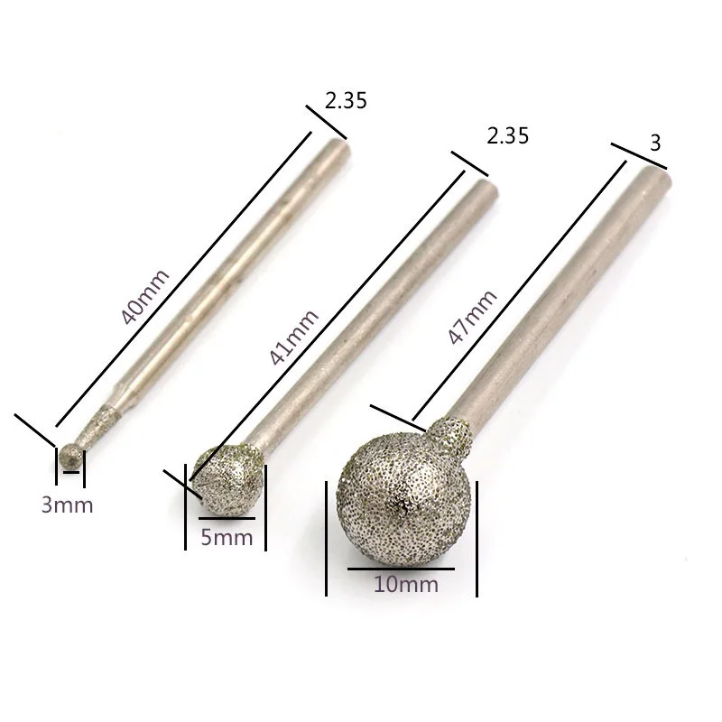 5Pcs/Set Diamond Grind Needle Head Cutter Jade Carve Tools Engrave Rotary Spherical Burr Tool 2.35/3mm Shank Round Ball