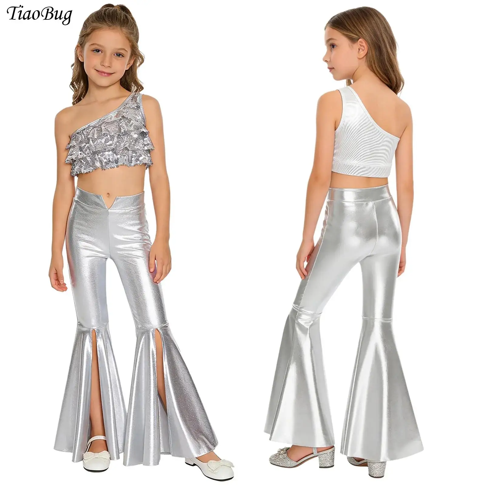 

Girls 70S Disco Hippie Costume Outfits Metallic Jazz Dancewear One Shoulder Sleeve Sequins Crop Top with Split Bell-Bottom Pants
