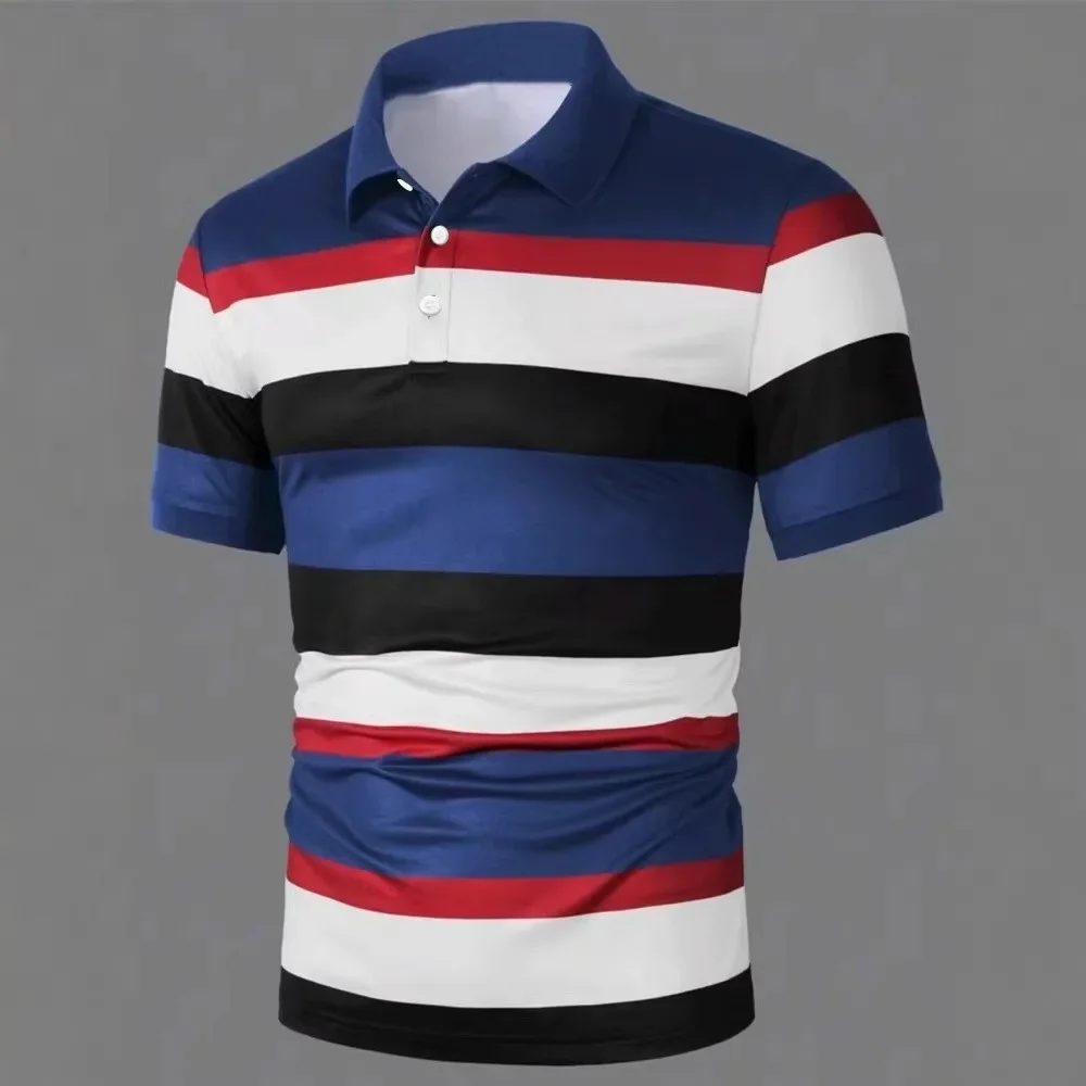 

Summer Men Clothes New Stripe Polo Shirt Men Business Casual Golf Polo Shirt Tops 100% Polyester