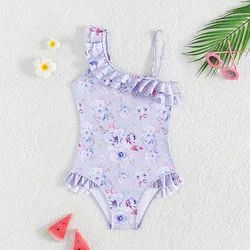 5-14Years teen Girls one-piece Swimwear Floral Print Ruffles Fly Sleeve Bathing Suits Summer girls purple Beach wear