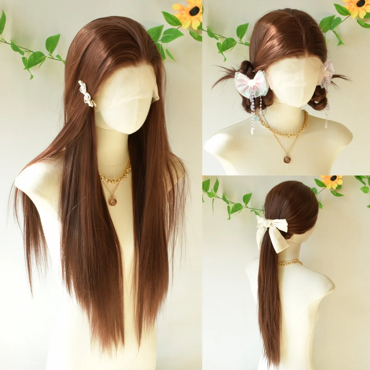 Chocolate Brown Straight Lace Front Wig 13x4 HD Synthetic Glueless PrePlucked High Quality Party Cosplay Bye Bye Knots
