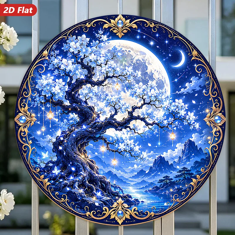 CIFBUY 2D Round Aluminum Wall Art Waterproof Durable Metal Sign Oak Tree Moonlight Night Scene Decor For Living Room Bedroom