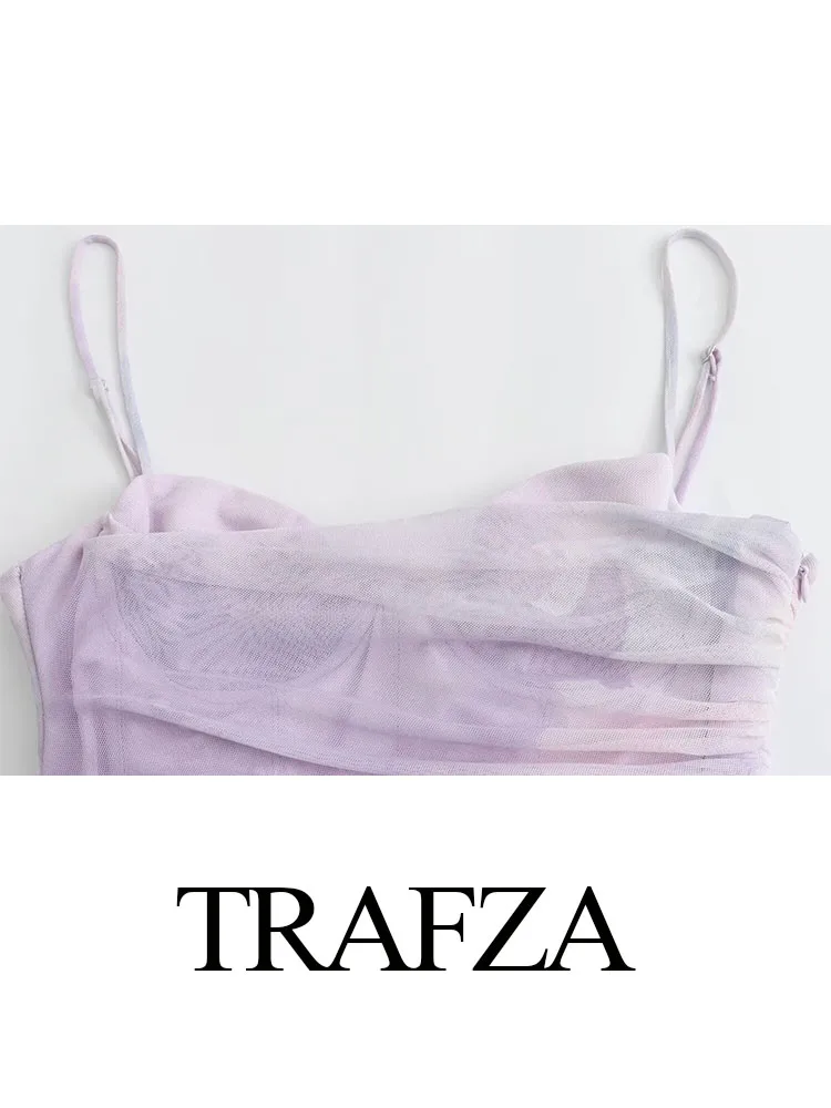 TRAFZA damskie letnie długie sukienki fioletowe Tie Dye bez rękawów Backless udekoruj fałdy zamek moda damska sukienka w stylu plażowym