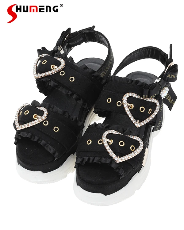 Sweet Cute Summer Sports Sandals Women Japanese Mine Mass-Produced Kawaii Rhinestone Bow Lace Platform Shoes Peep Toe Sandals