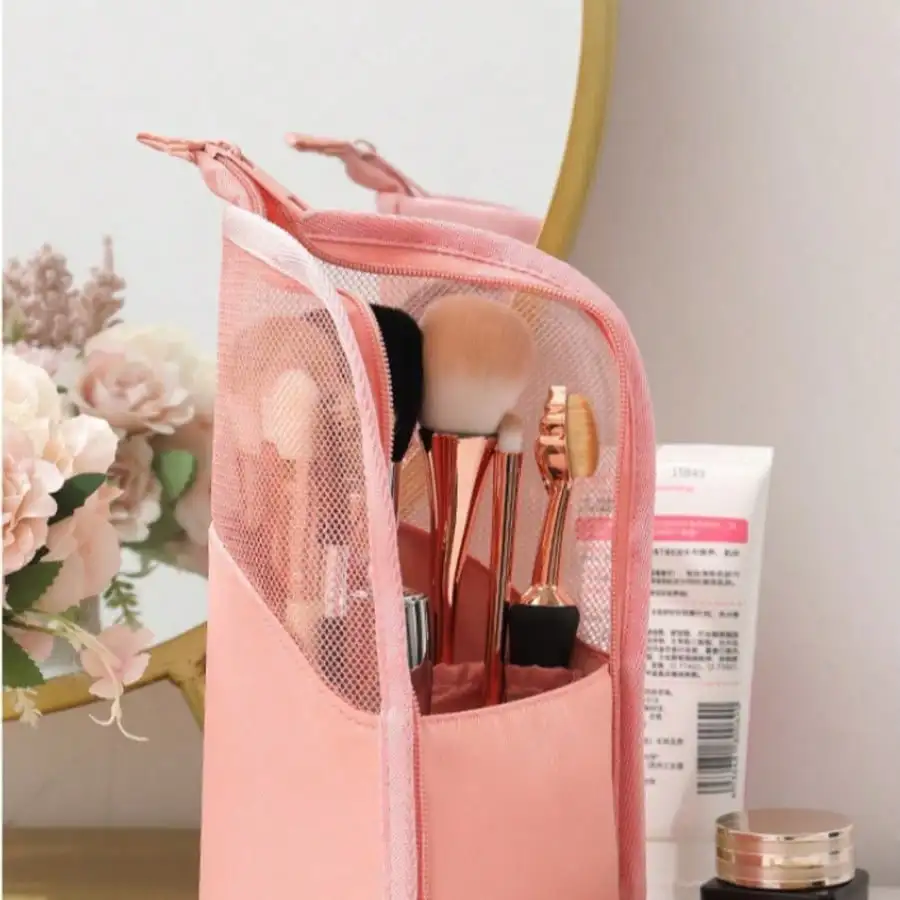 1PCS Pink Makeup Brush Bag with Zipper, Transparent PVC Waterproof Travel Makeup Brush Organizer, Portable Professional Artist C