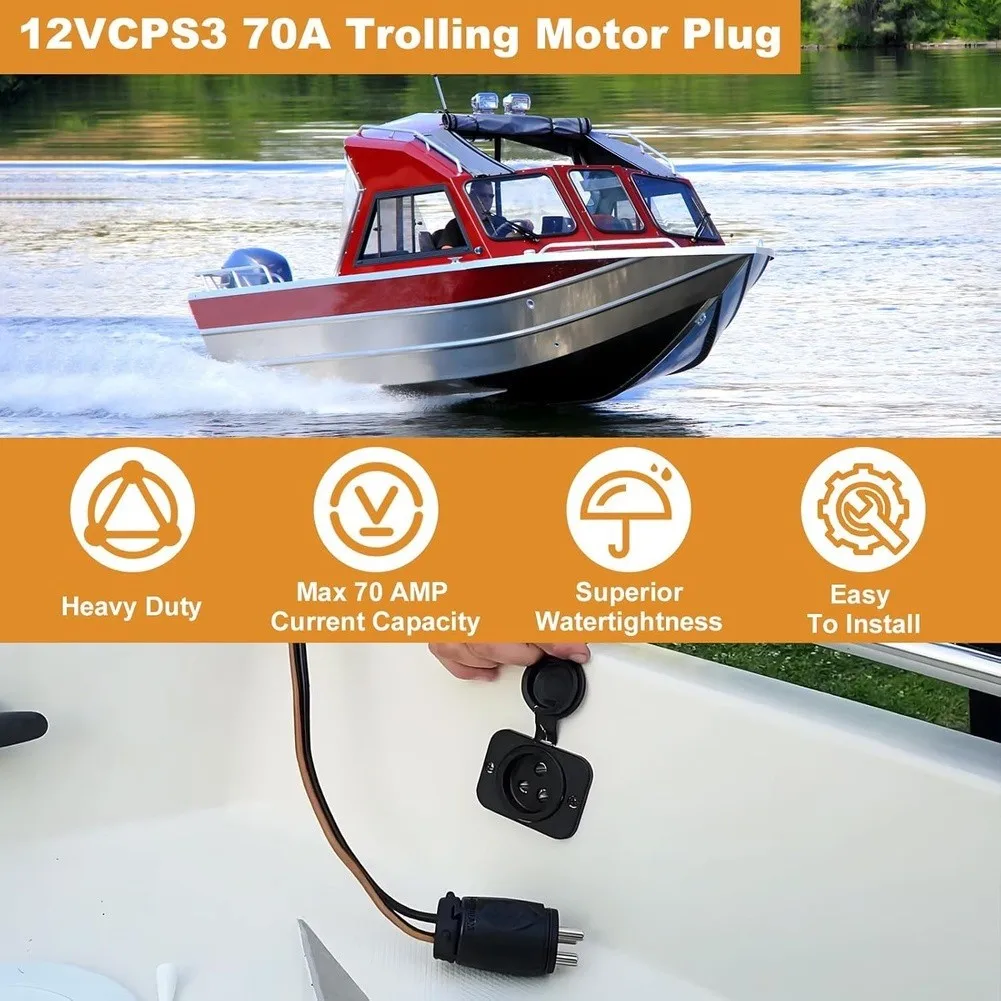 Trolling Motor Socket 70A 12-48V for RV and Marine Boats with Brass Terminals Rubber Metal Housing and Easy Thumb Grip Alignment