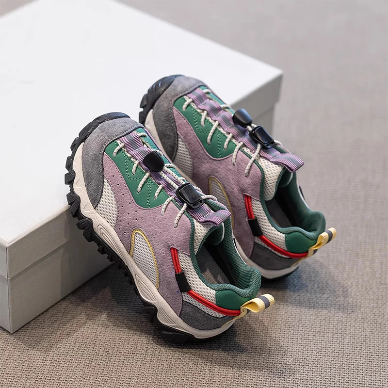 Little Girls Retro Contrast Color Trainers 2026 New Spring Kid Mountain Trainers Non-slip Comfort Versatile Outdoor Hiking Shoes