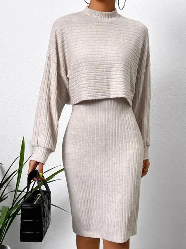 

Autumn Winter Women's Soild Round Neck Sweater And Dress Two Piece Set Elegant Knit Sleeveless Dress Sets