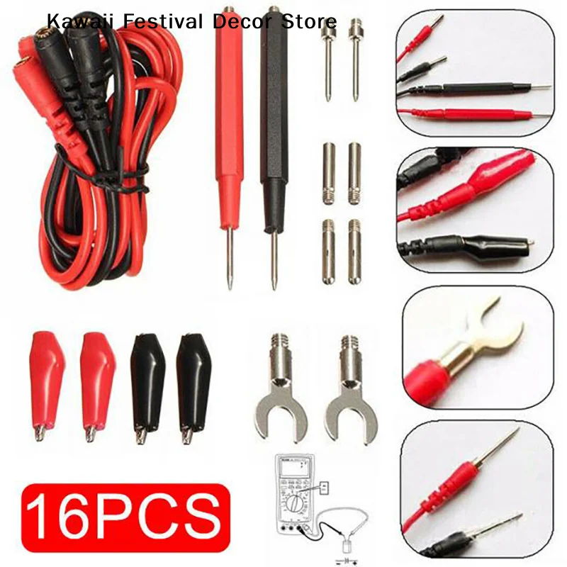 【K】 16 Pcs Multimeter Test Leads Kits Universal with Replaceable Needle Probes 1000V 20A Silicone Wire Cable Meter Tester Lead