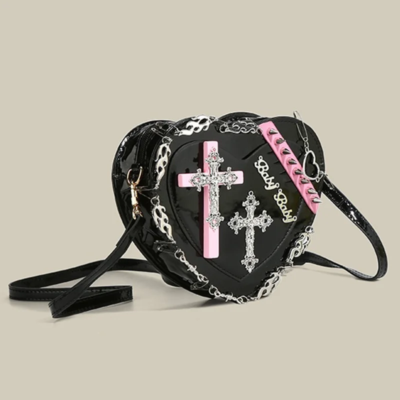 Black Sweet Versatile Y2k Heart Gothic Style Spicy Girl Crossbody Bag Personalized Design Punk Lolita Little Girl Love Tote Bag