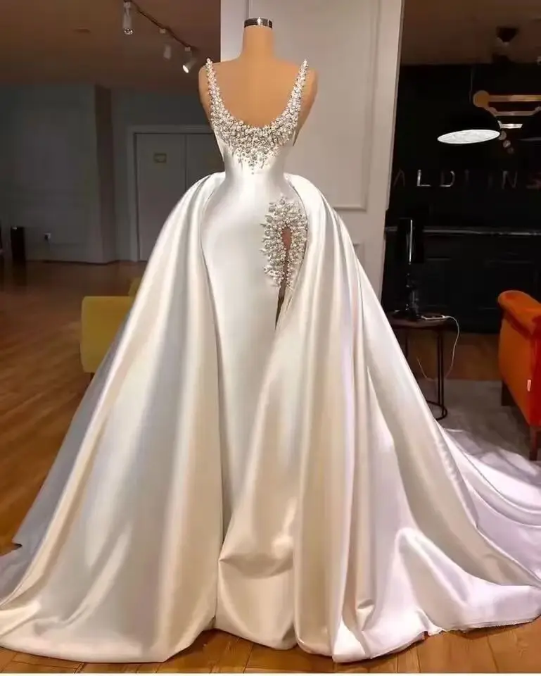 Vestidos de novia Grace de satén personalizados de alta calidad, lujo 2025, para novia, perlas, falda extraíble dividida, fiesta nupcial, boda