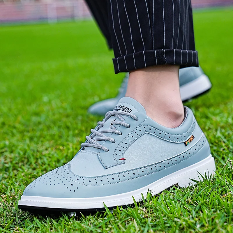 Elegant Brogue Men\'s Golf Shoes White Leather Sneakers Men 2024 Non-slip Golf Shoes Spikes Outdoor Casual Sports Shoes For Men