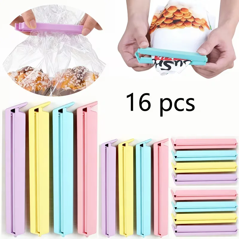 16Pcs 3 Sizes Colorful Food Sealing Clips, Plastic Snack Bag Clamp for Kitchen Fresh Keeping Storage