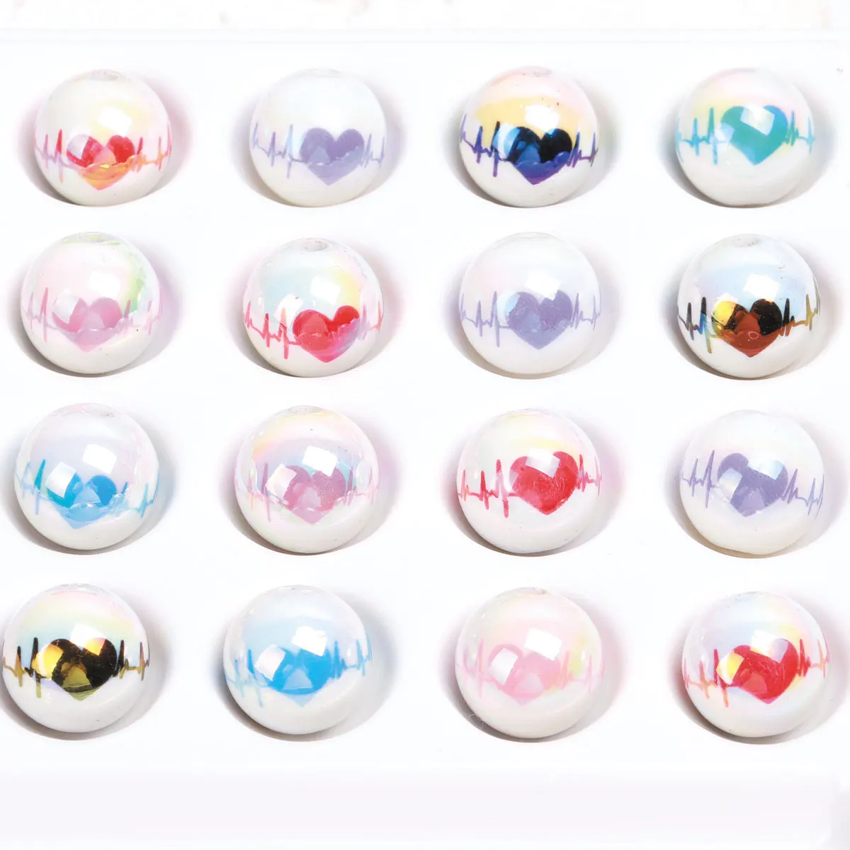 25pcs 1.6cm Random Color Mix Multiple Patterns Colorful Heart Rate Pattern Round Shape Acrylic Beads Creative Pen For Jewelry