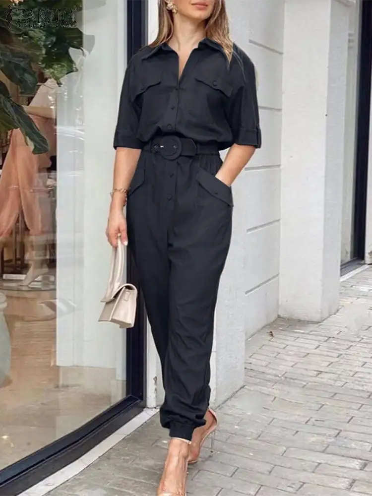 

Elegant Solid Cargo Rompers Casual Long Overalls Female Party Playsuits ZANZEA Fashion Women Lapel Neck 3/4 Sleeve Jumpsuits