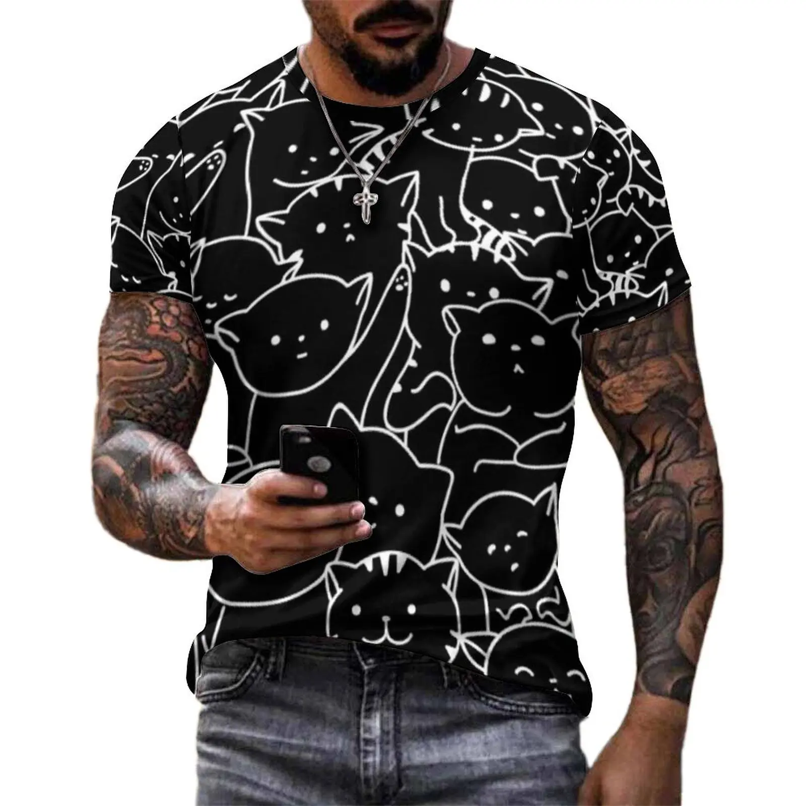 Summer T Shirt Kawaii Cat Pattern T-Shirts Kitties Making Huge Pile Of Cute Cats Fashion Tees Man Short Sleeve Plus Size Tops