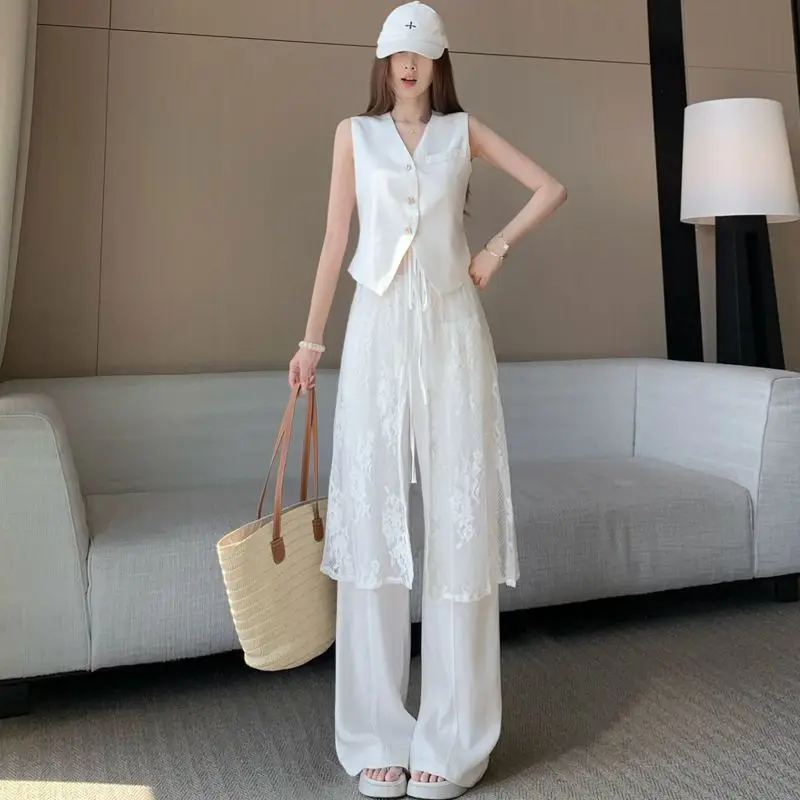 

Korean version fashion three piece set women's summer new simple vest lace cover shirt with wide leg pants personalized set