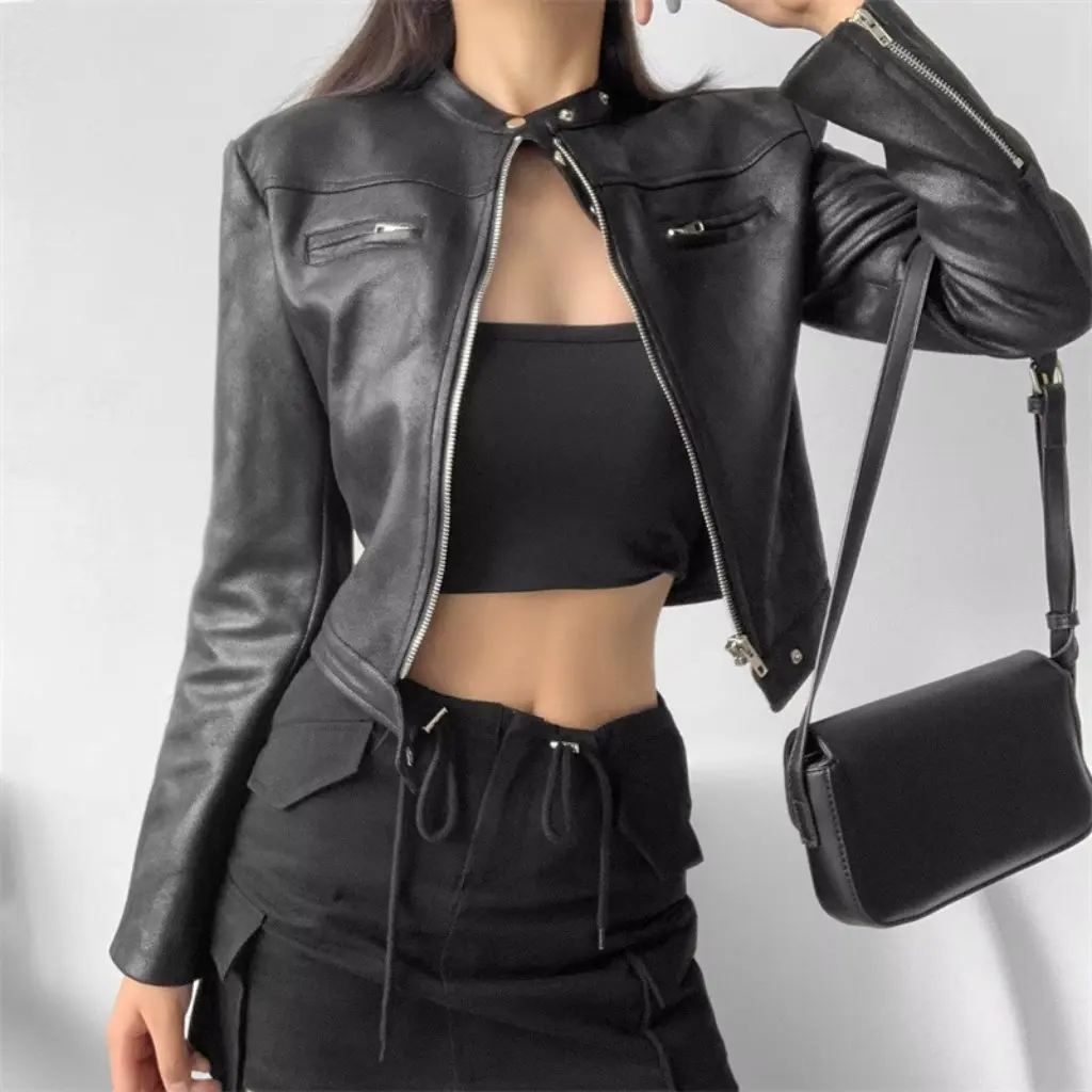 

Women's American Style Bronzing Vintage Slim-fit Motorcycle Jacket Autumn Vertical Collar Zipper Short Top Casual PU Leather