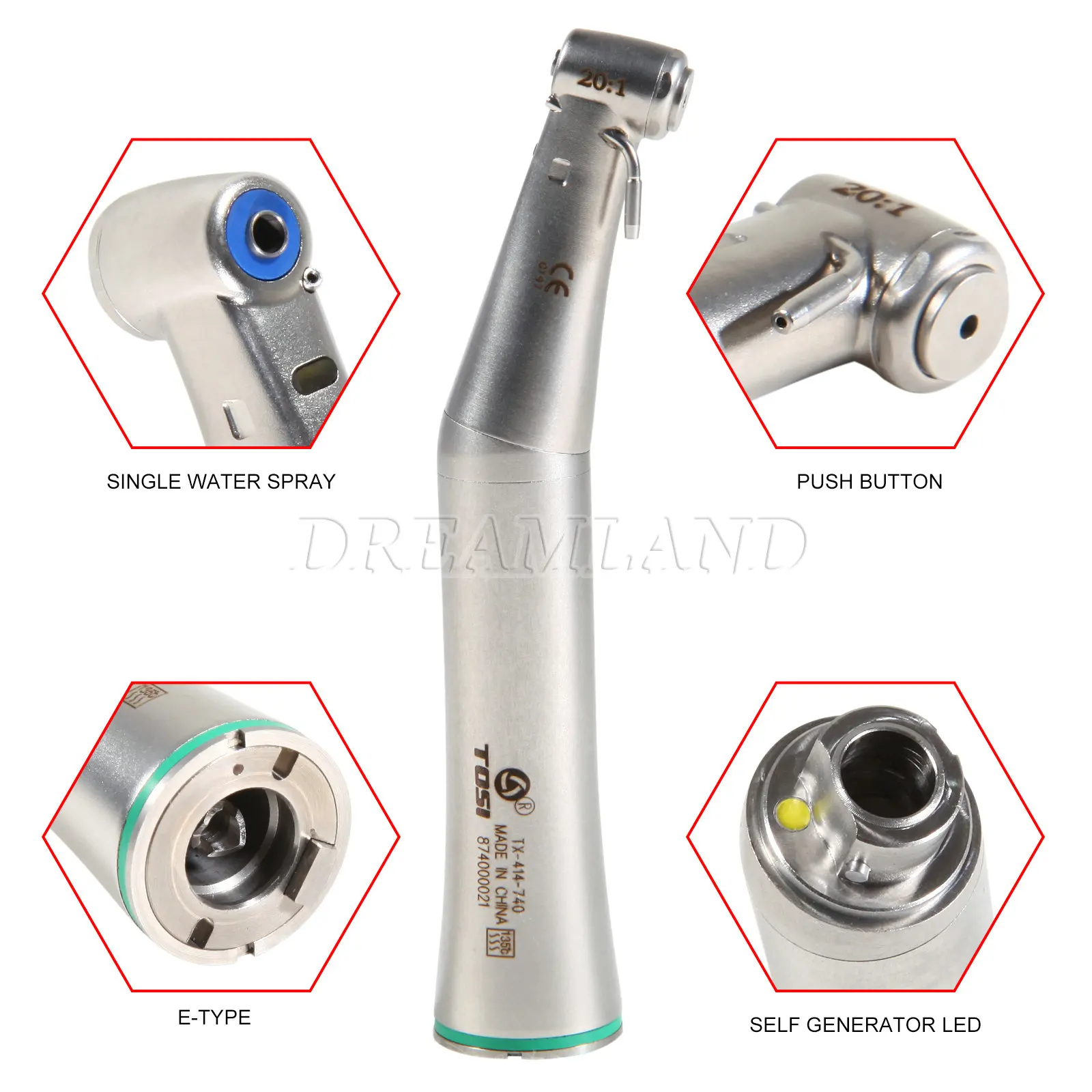 Dental Implant 20:1 Contra Angle Detachable Handpiece LED E-Generator Self Power Supply Single Water Spray