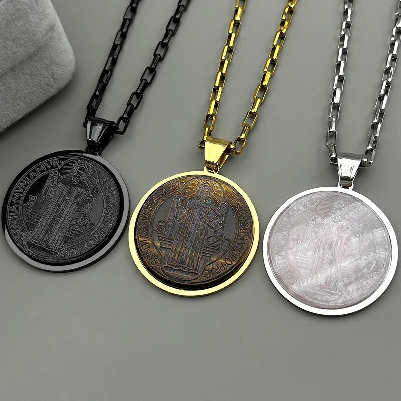 

Natural Stones Saint Benedict Medal Pendant Necklace for Men Women Stainless Steel Chain Necklaces Jewelry Gift San Benito