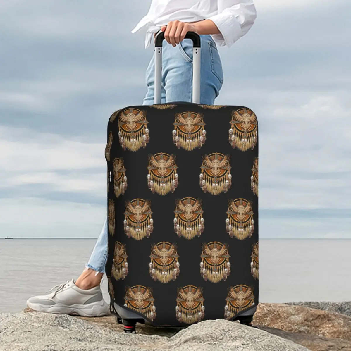 

Native American Beadwork Owl Mandala Suitcase Cover Protection Elastic Travel Luggage Protector Covers for 18-32 Inch