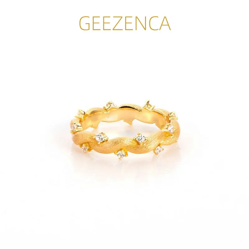 GEEZENCA 925 Sterling Silver 5A Zircon Italian Craft Brushed Rings For Women Plant Vine Chic Luxury Ring 2024 New Party Gift