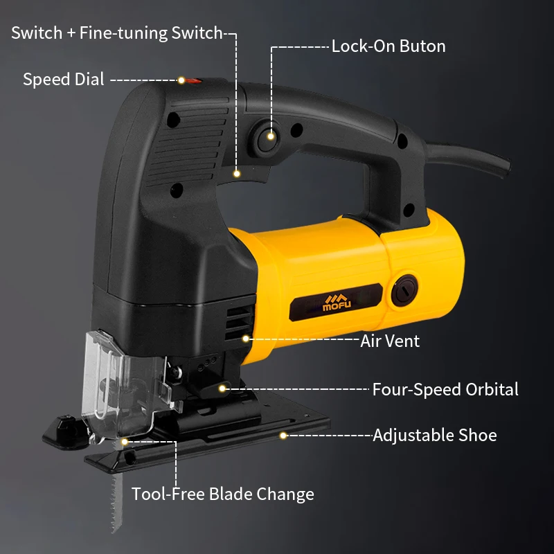 MOFU Electric Jigsaw 3000 RPM Jig Saw Machine Wood Working Jig Saw Cutting Angle 45 Degree Cordless Jig Saw with Lock-on Button