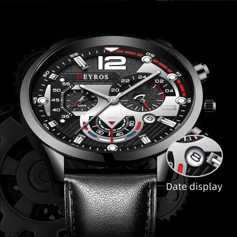 Reloj de pulsera de cuarzo de acero inoxidable para hombre, cronógrafo luminoso con calendario y fecha, de cuero, informal, de negocios, de lujo, a