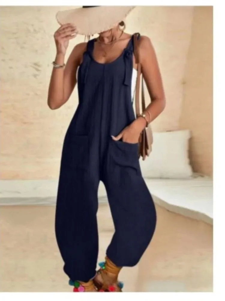 

Loose Women's Jumpsuit Overalls Color Casual Straight Leg Natural Waist Polyester Fiber Easy Care Ladies Pants