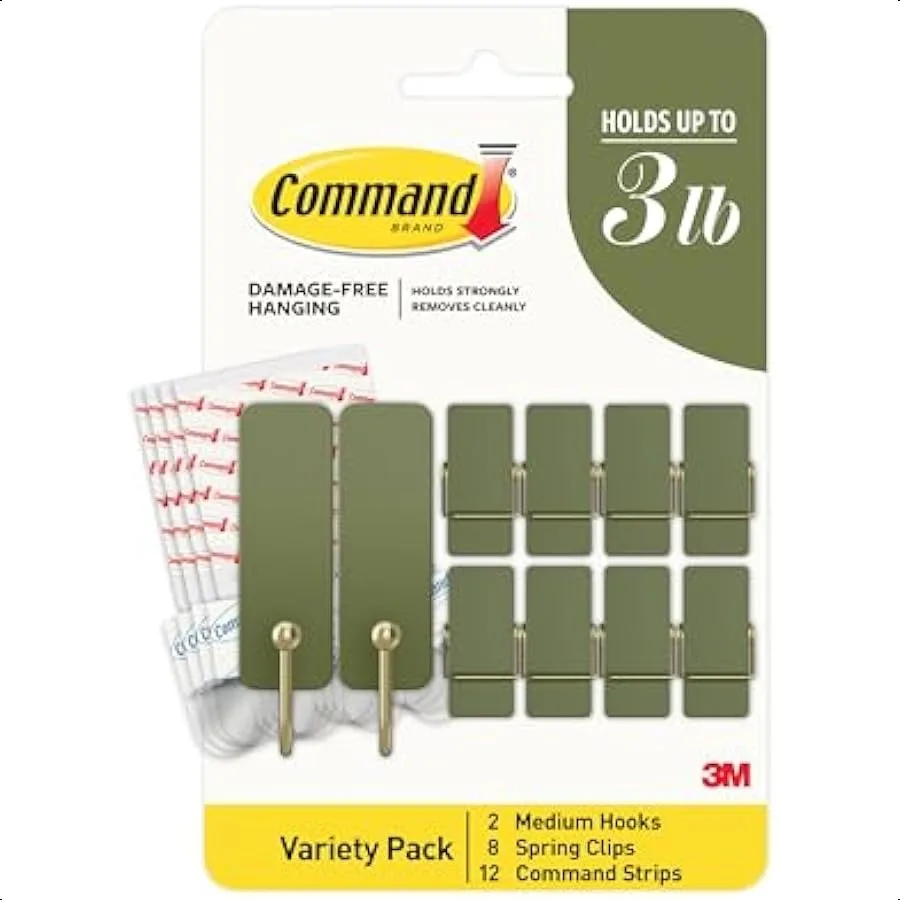 

Mixed Hooks Pack 10 Sage Hooks 12 Strips 2 Medium Hooks 8 Spring Clips Wall Hooks for Hanging Christmas Decorations