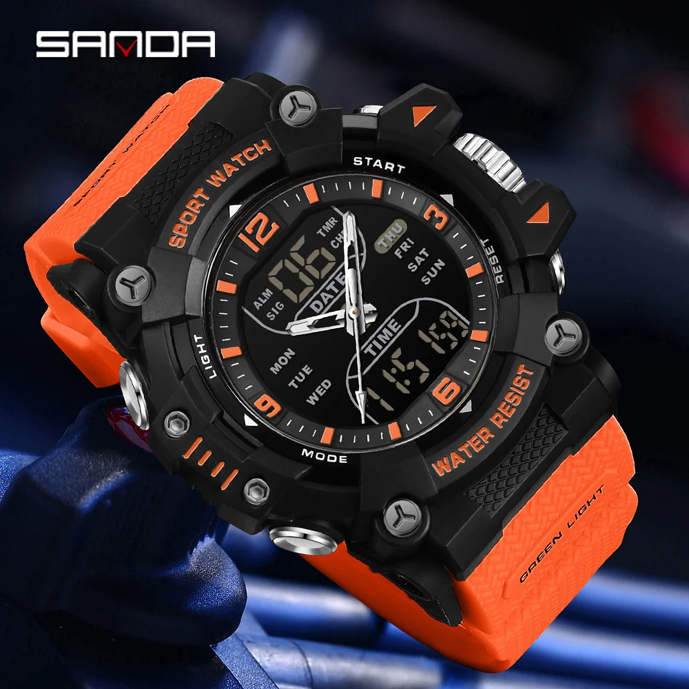 

SANDA 6323 Men Electronic Watch Trendy Fashion Sport Date Waterproof Pointer Digital Analog Dual Display Wrist Watch for Student