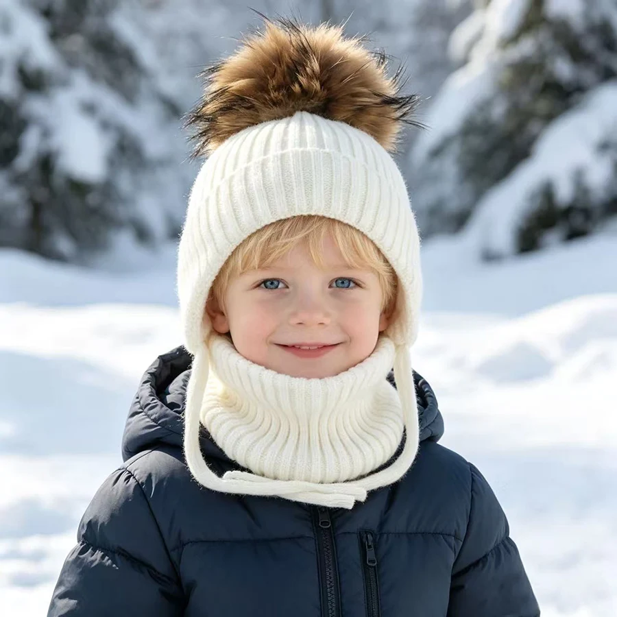 Winter-Wollmütze mit Nackenschutz 2-teiliges Set Echte Fuchsfell-Mütze für Kinder Jungen Mädchen Dicke Fleece Warme Gestrickte Gestreifte Ohrenklappe Baby Skullies Mütze – Detail 7