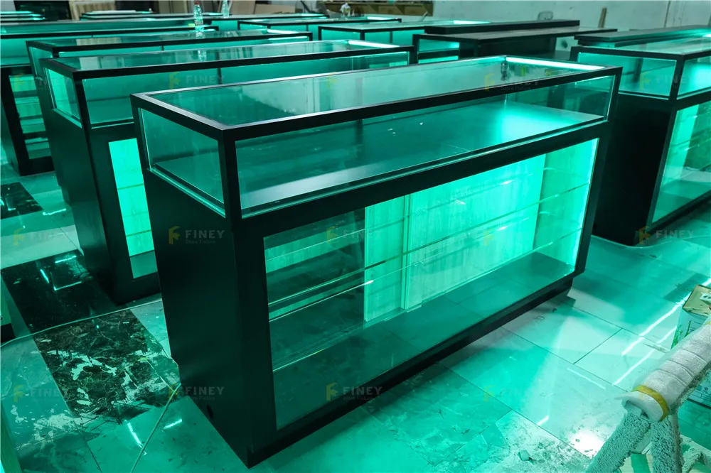 Custom Wholesale RC Led Tobacco Store Display Cases Cigar Glass Shelves Counter Wooden Trendy Smoke Shop Glass Display Showcase