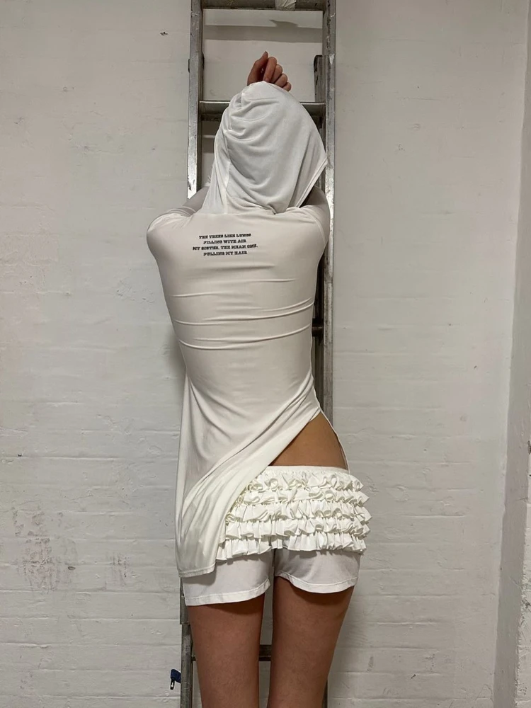 Hoodie Long Sleeve White Women's Slightly Transparent Side Slit Dress Embroidered Pleated Lace Shorts Letter Print FashionSummer