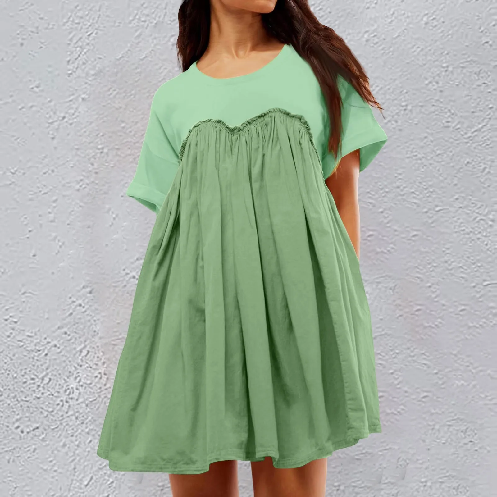 

Women's Fashion Color Matching Mini Dress Summer Round Neck Short Sleeve Casual Dress Pleated Loose Comfortable Female Dresses