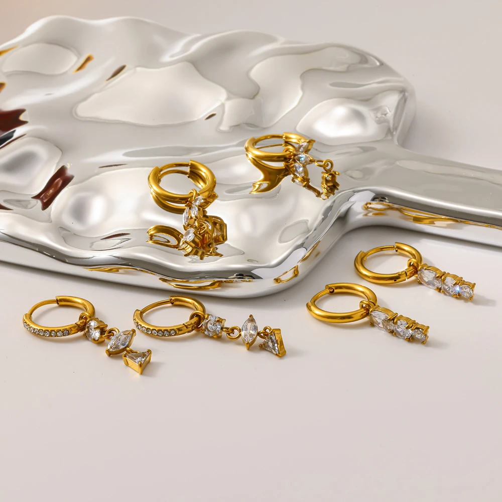 18K Vergoldete Edelstahl-Kristall-Zirkon-Anhänger Huggie-Ohrringe für Damen Hochwertiger Luxus-Partyschmuck – Detail 1