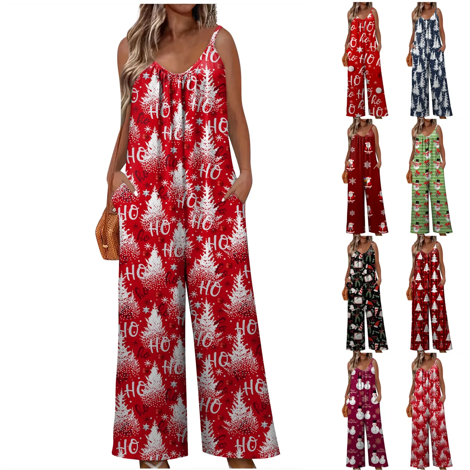 S-3xl Sleeveless Jumpsuit For Women Christmas Printed Loose  Versatile Sling Rompers Wide Leg Adjustable Suspender Jumpsuit