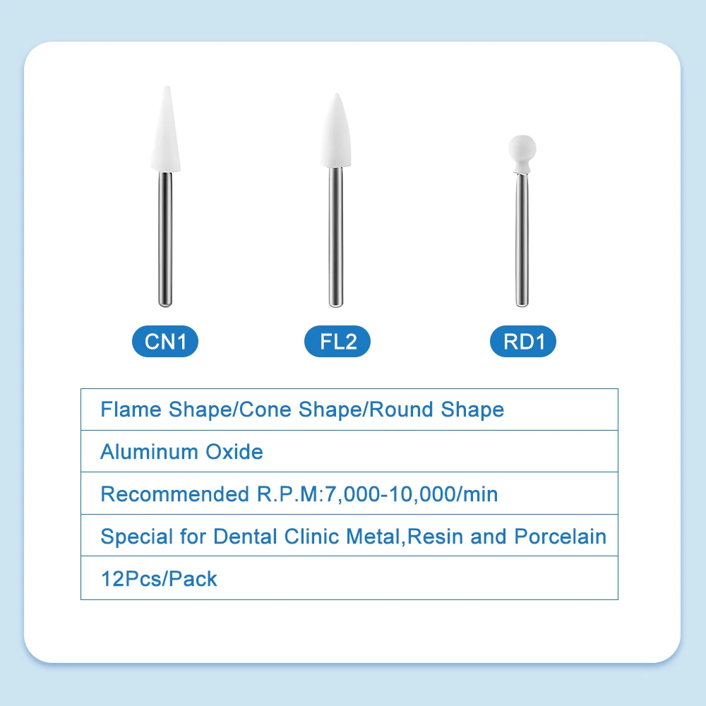 12Pcs/Pack Dental White Stone Polishers FG Polishing Kit Handpiece Burs Cone Flame Dentist Teeth Whiting