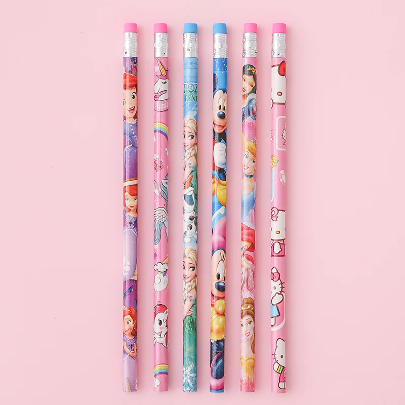 12pcs New Anime Mickey Mouse HB Pencil Kawaii Minnie Frozen Pencil With Eraser Cartoon Writing Pen Student Stationery