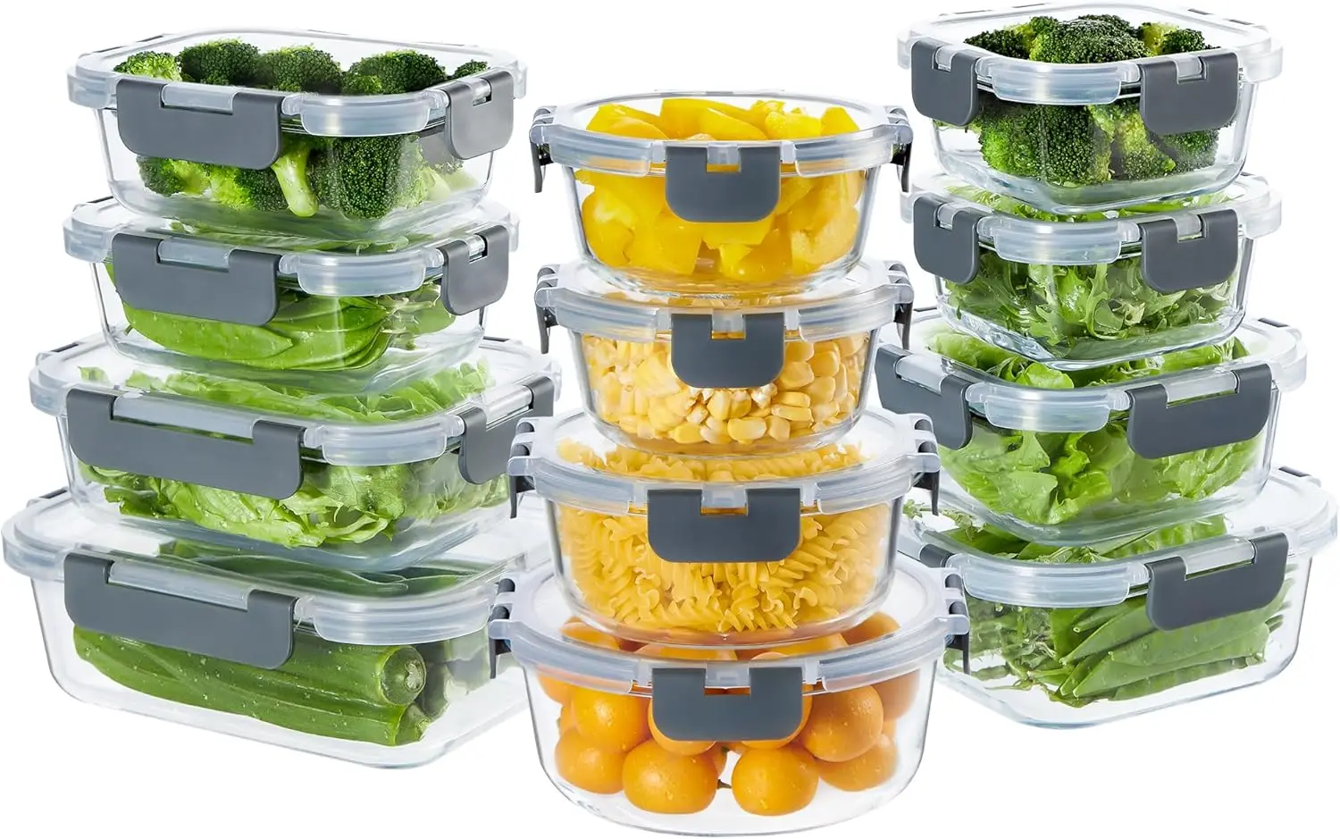 24-Piece Glass Meal Prep Containers with Lids, Airtight Leakproof Bento Boxes for Freezer, Microwave & Dishwasher Safe in Gray