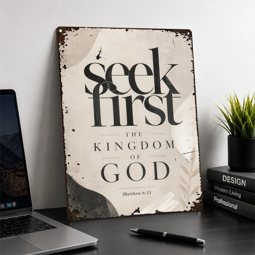 Seek First The Kingdom Of God Textured Metal Poster Typography Wall Art For Home Office Customized Aluminum Sign Christian Gift